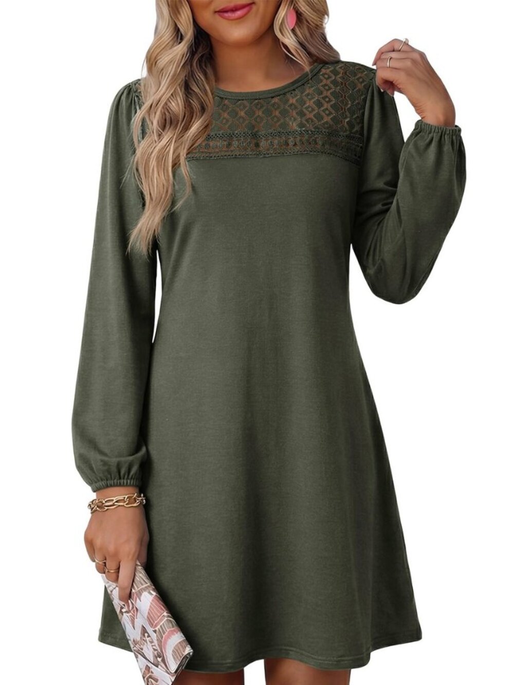 Womens Long Sleeve Crewneck Casual A Line Babydoll Mini Dress